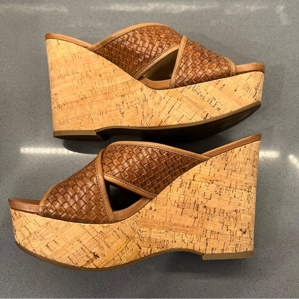 Via Spiga Brown Woven Leather Cork Wedge Mules